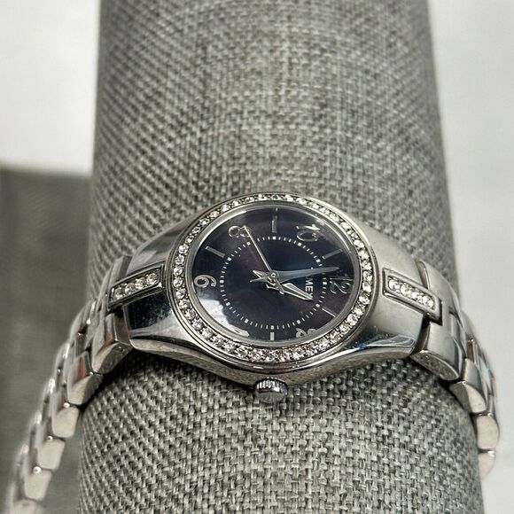 Timex Watch Women 25mm Round Pave Bezel Black Dial Silver Tone 6.25" New Battery - Picture 3 of 11